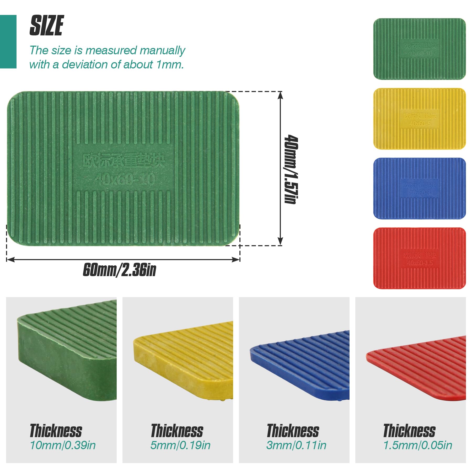 Spesh 40 distanziatori in plastica, 60 x 40 mm, rondelle in plastica, cunei in plastica, blocchi distanziali nelle dimensioni: 1,5,3,5,10 mm