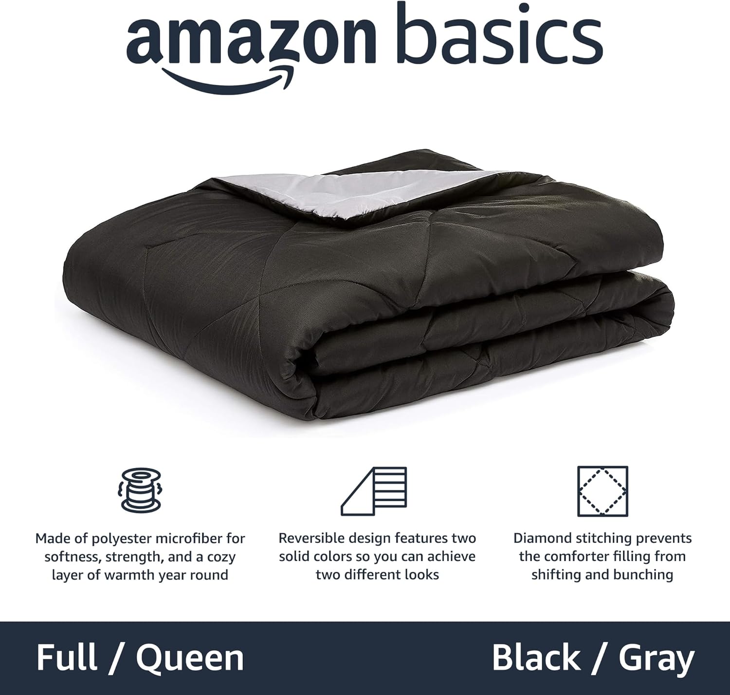 Amazon Basics Comforter Blanket Full/Queen, Reversible, Lightweight Microfiber, All Season, Black/Grey