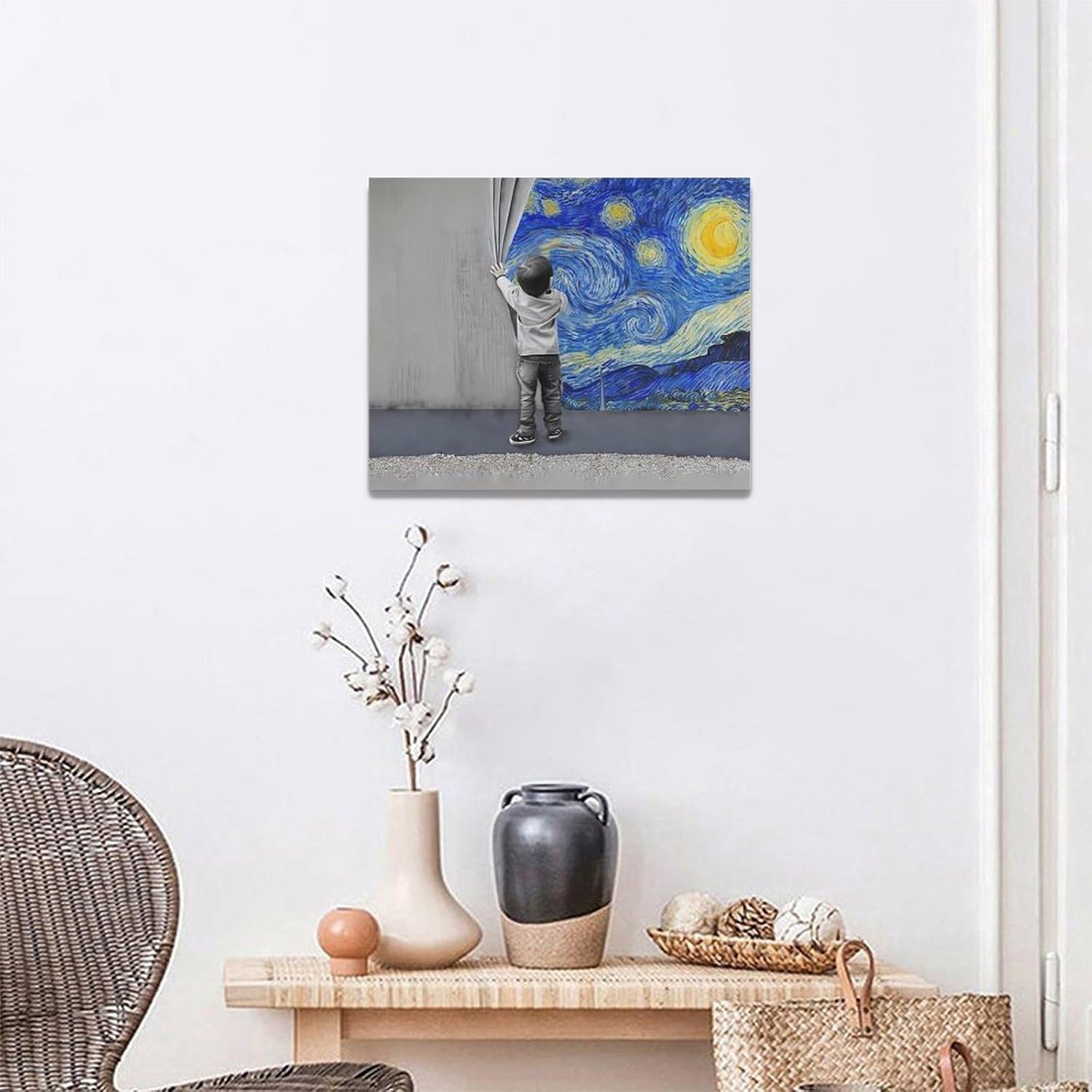 xiilo Banksy Wall Art Boys Starry Night Street Graffiti Pictures Wall Decor Kids Canvas Painting Pop Home Modern Artwork Decorations Framed for Living Room Bedroom Bathroom Office 20 x 16 inch