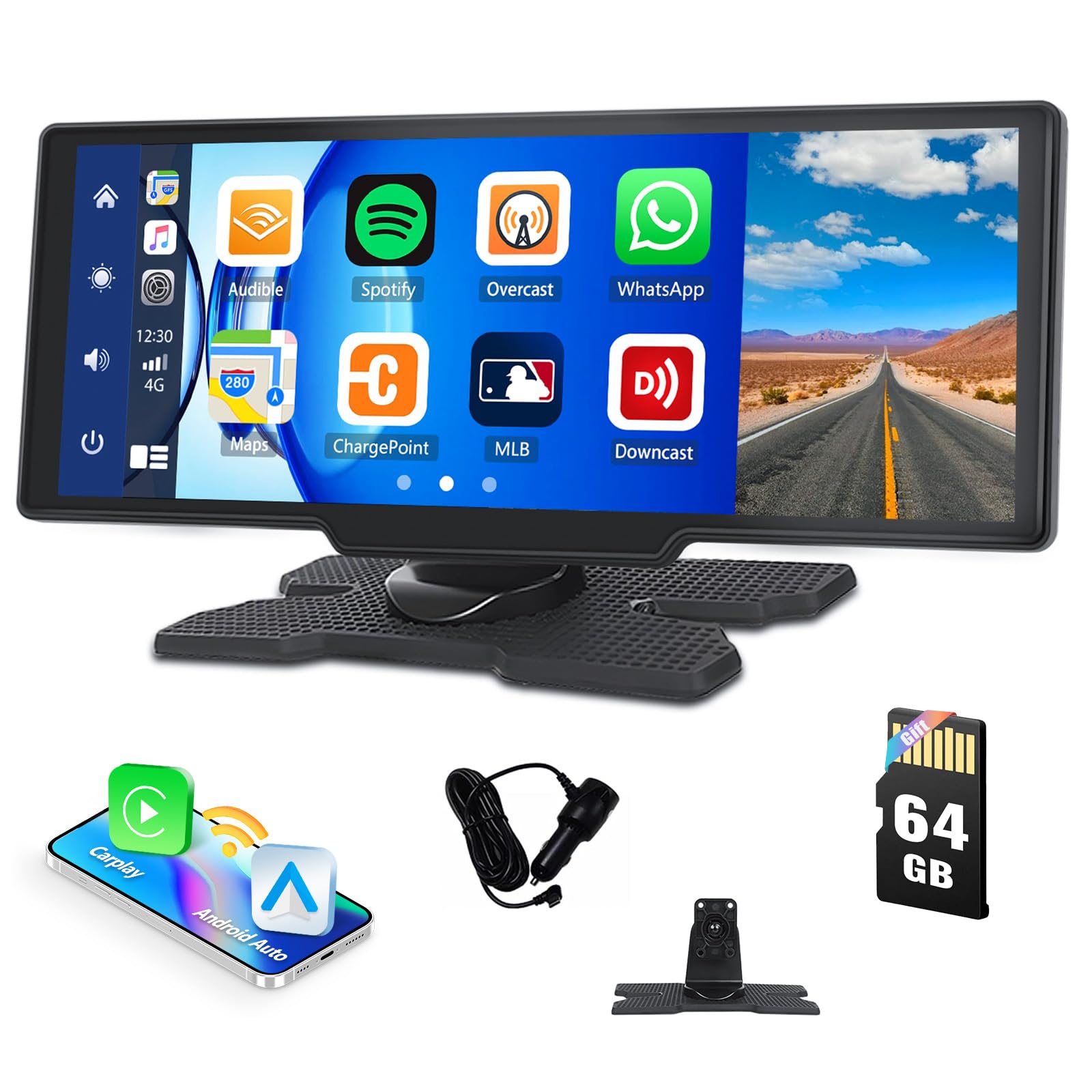SIXTOP 10.36" Portable Car Stereo with Wireless Apple CarPlay Android Auto, 64GB Card