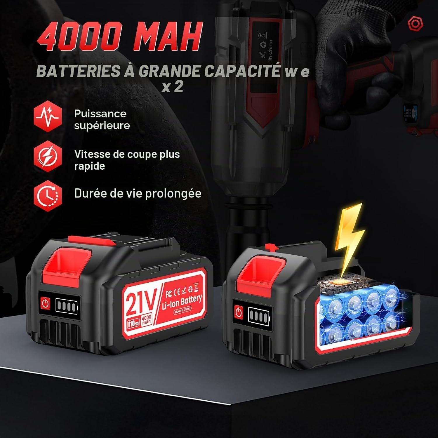 1400 N.m Clé à chocs sans fil, 21V Cle a choc professionnel avec 1000 W Moteur sans balais, 2 x 4,0 Ah Batteries, 5 Douilles, 1 Convertisseur 1/2" x 3/4", 1 Extension, pour Voiture et Camionnette