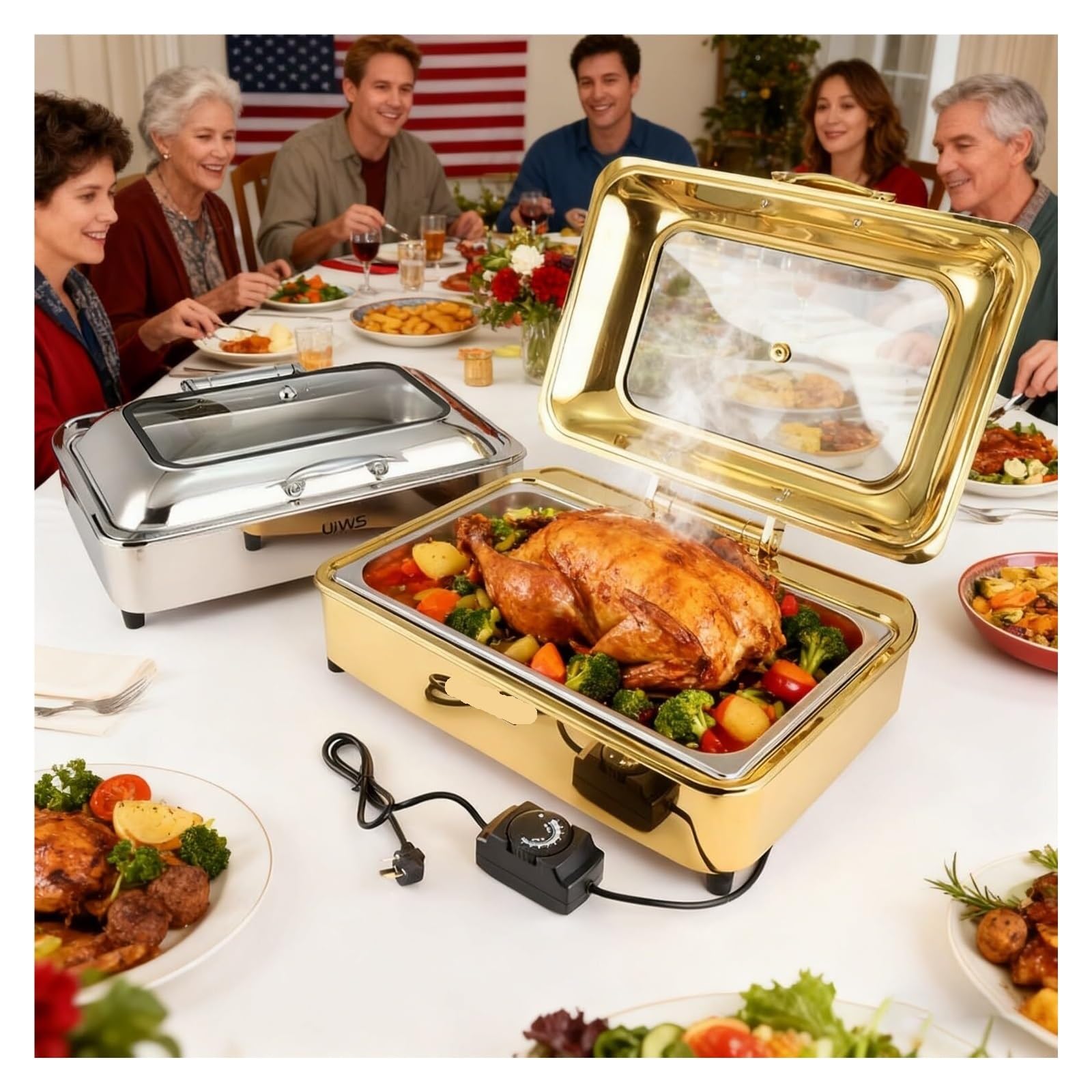 Set scaldavivande e scalda Buffet rettangolari da 9 Litri | Con scaldavivande elettrico in acciaio inossidabile lucidato a specchio, perfetto for le feste(Silver)