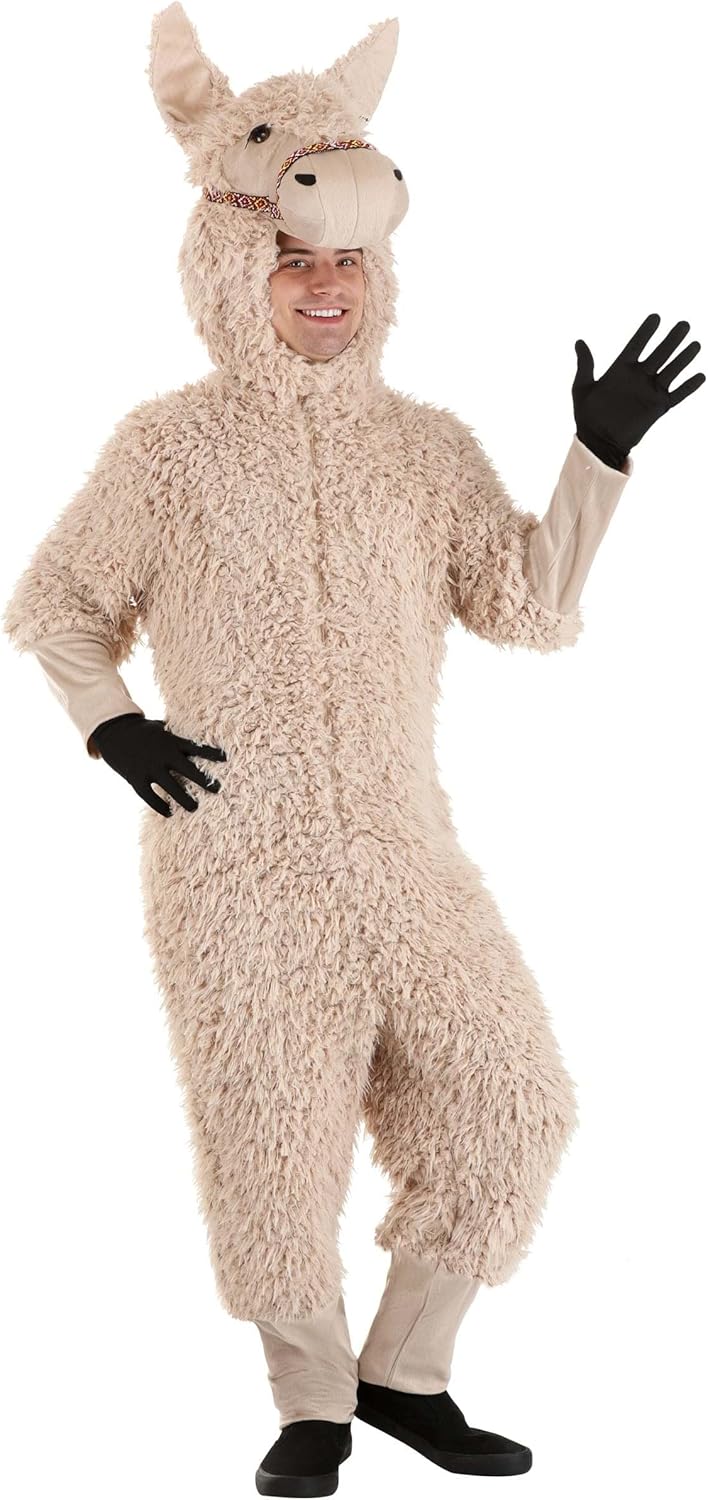 Llama Adult Costume - Faux Fur Jumpsuit, Soft Fabric Arms/Legs, Headpiece with Fiber-Filled Muzzle