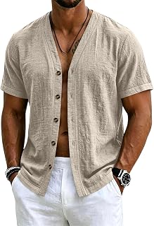 Generic Men's Linen Cotton Blend Short Sleeve V Neck Button Down Shirt Lightweight Wrinkle Summer Casual Top