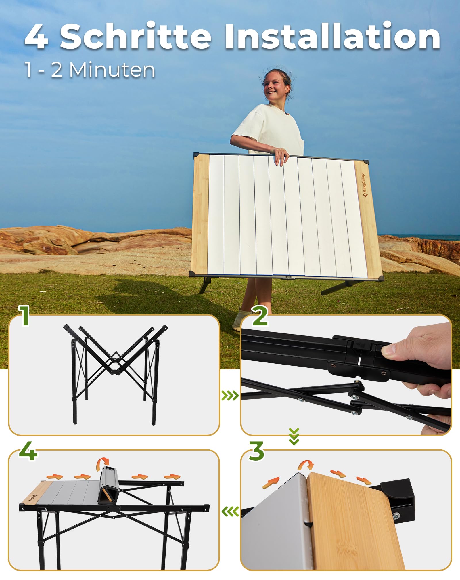 KingCamp Campingtisch klappbar Klapptisch mit Aluminiumrahmen Aufrollbare Tischplatte für 4-8 Personen Campingtisch faltbar mit Tragetasche belastbar bis 80 kg