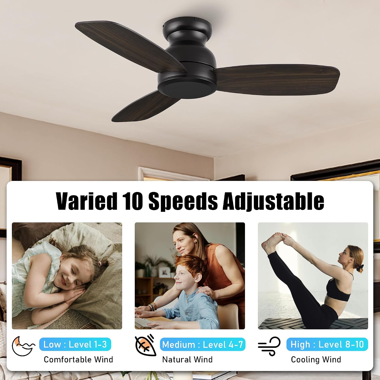 CEME 44 Inch Flush Mount Low Profile Ceiling Fan - No Light, 10 Speeds Reversible Quiet DC Motor, 3 Dual Finish Blades, Black Ceiling Fan with Remote for Living Room, Bedroom