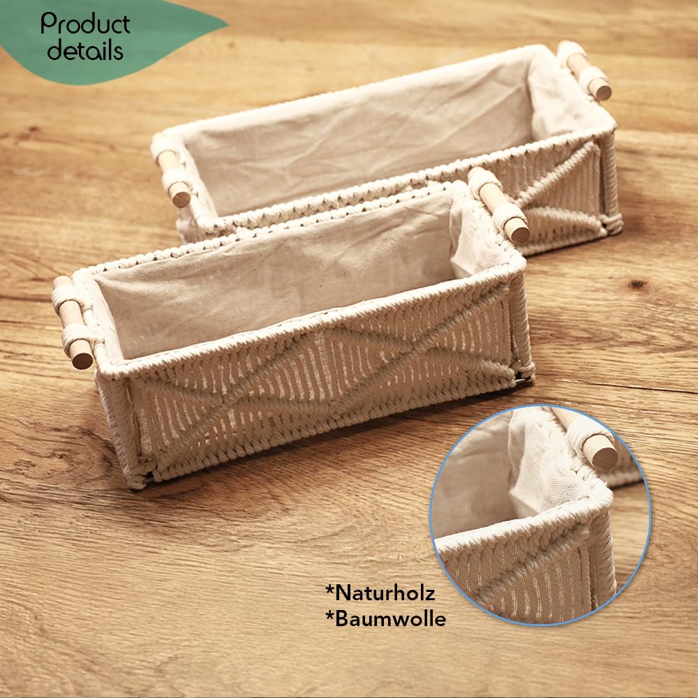 Cesto portaoggetti rettangolare, intrecciato, con inserto in tessuto, bianco, set da 2 pezzi