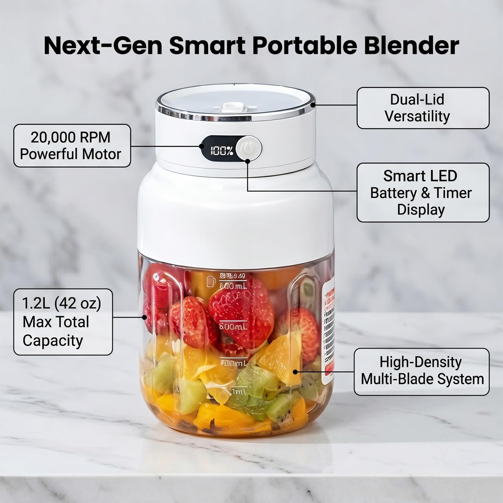 Spremiagrumi Portatile, Bicchiere da Succo Senza Fili Portatile da 1,2L con Display LED, Doppio Coperchio Ricaricabile via USB per Smoothie, Frullati e Bevande di Frutta Fresca