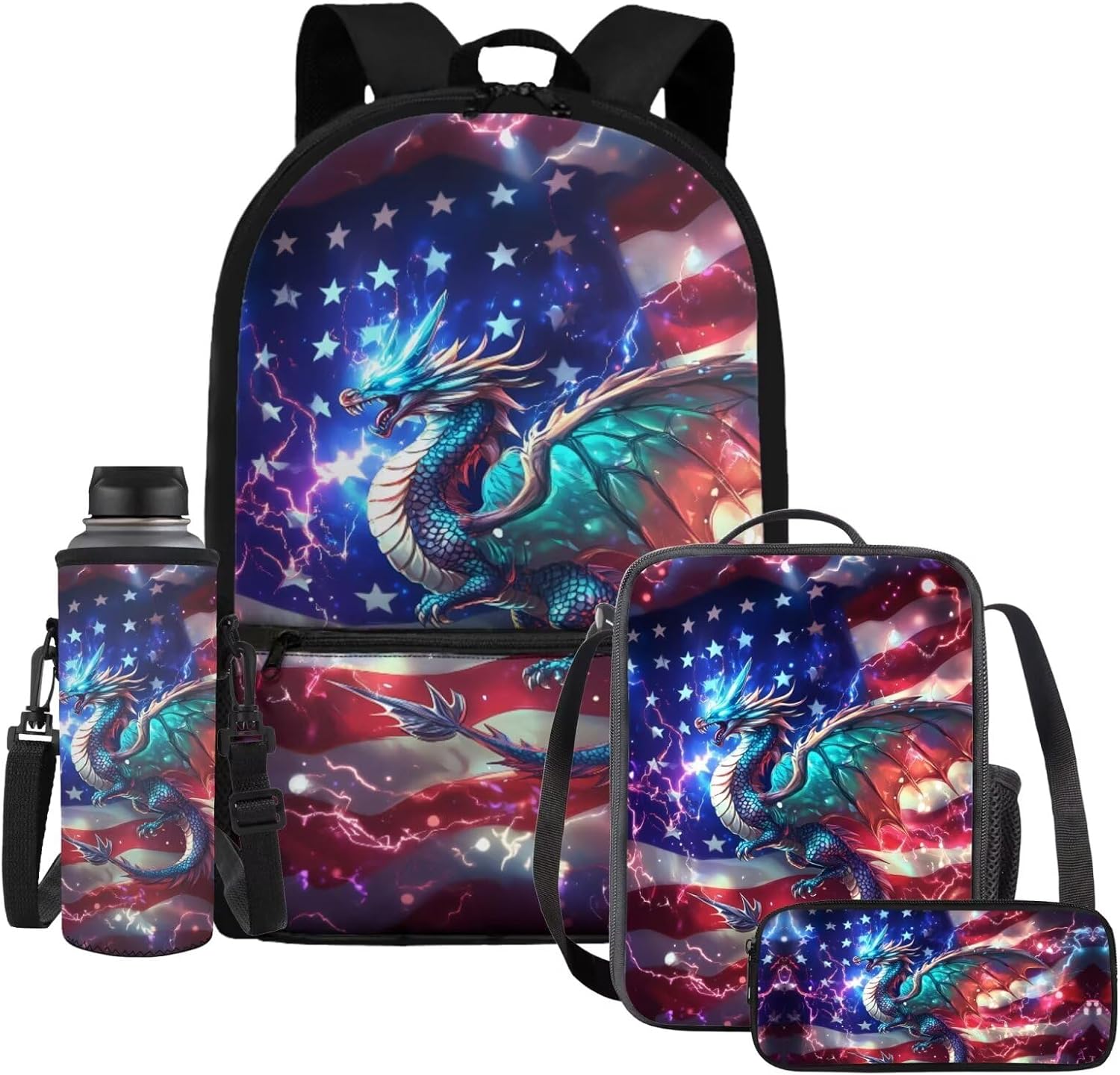 HUIACONG Dragon Backpack for Boys Lunch Box Kids American Flag Bookbag 6-8/8-9 School Bag Set 1St Grade Book Bag Lunchbag Pencil Case Water Bottle Holder