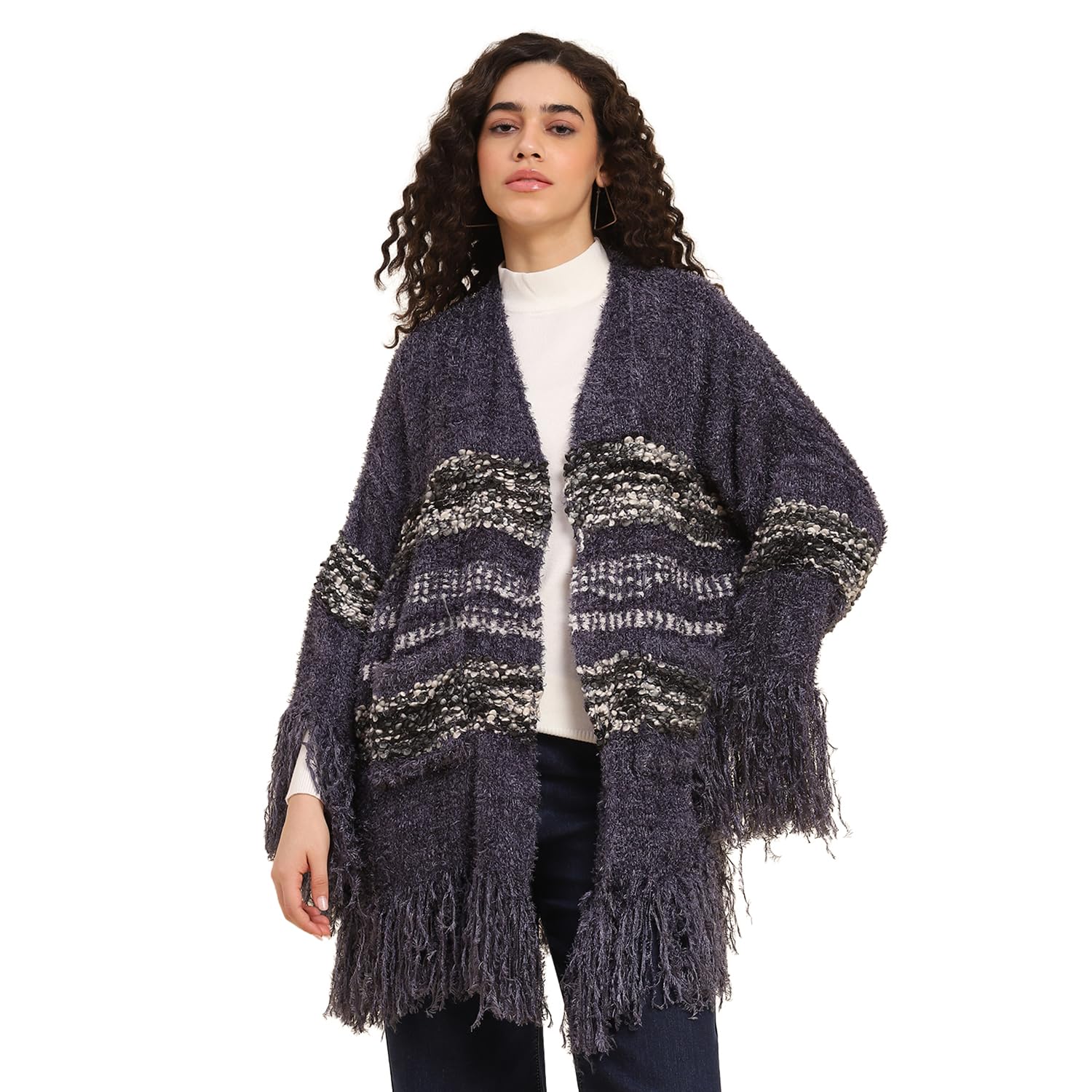 Winter Shrug with Fringed Sleeves White Stripes Polyester Acrylic Blend Kimono Style Lightweight Cozy Layering Casual Womens Bohemian Chic Outerwear-image-35