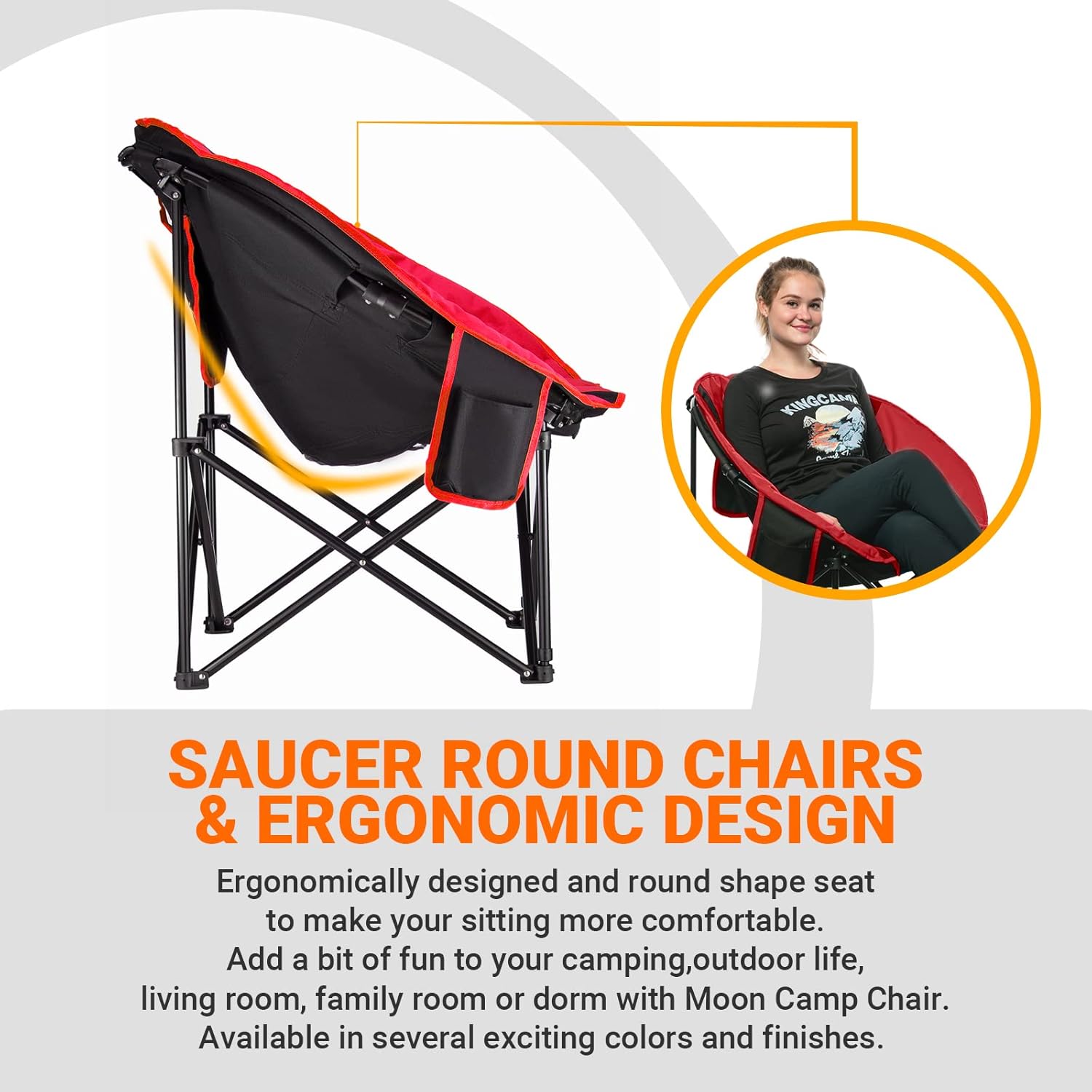 KingCamp Foldable Saucer Moon Lounge Chair with Cupholder Storage Pocket for Indoor Home or Outdoor Camping and Tailgating Use, Black/Red