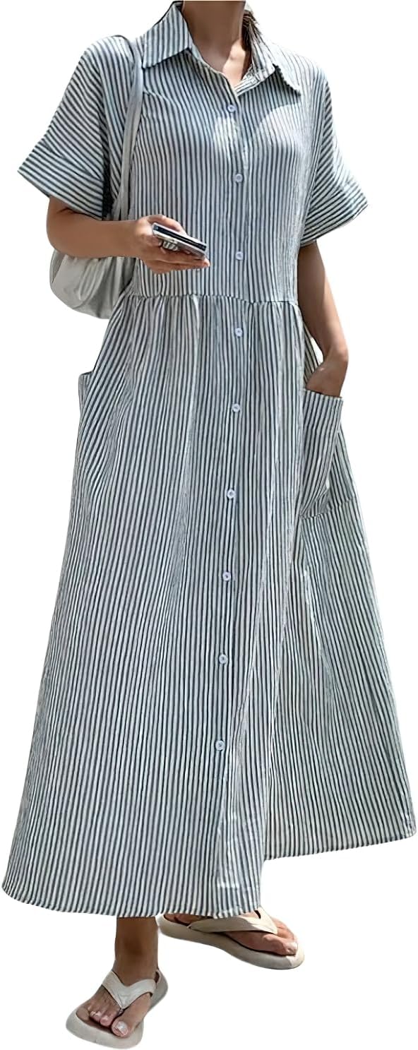 chouyatou Women's Summer Striped Button Down Dress Lapel Loose Midi Long Shirt Dress with Pockets