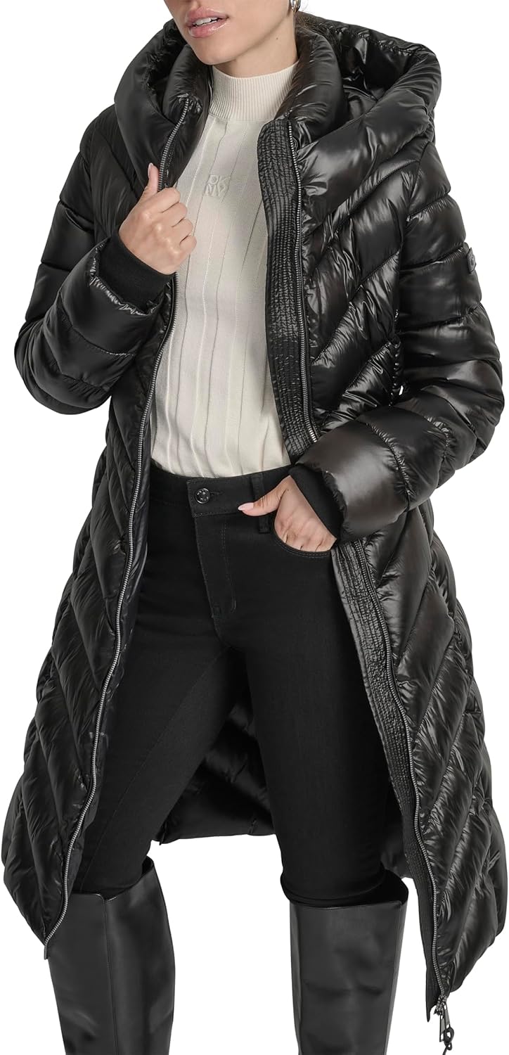 DKNY Women's Long Shiny Puffer Coat With Hood – Quilted Gloss Finish Winter Jacket