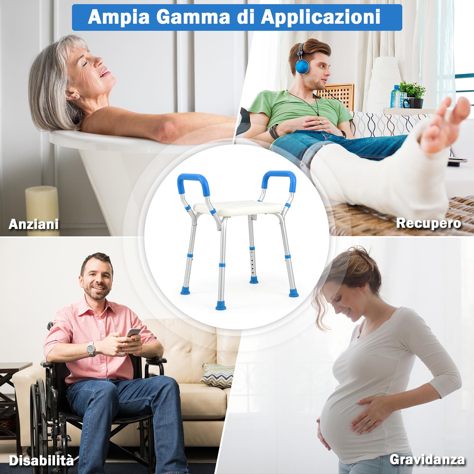 COSTWAY Sgabello Doccia, Sedia per Doccia Regolabile in 6 Altezze con Braccioli Imbottiti Staccabili e Piedini in Gomma Antiscivola, Portata 100 kg, Seggiolino da Bagno per Anziani (Blu)