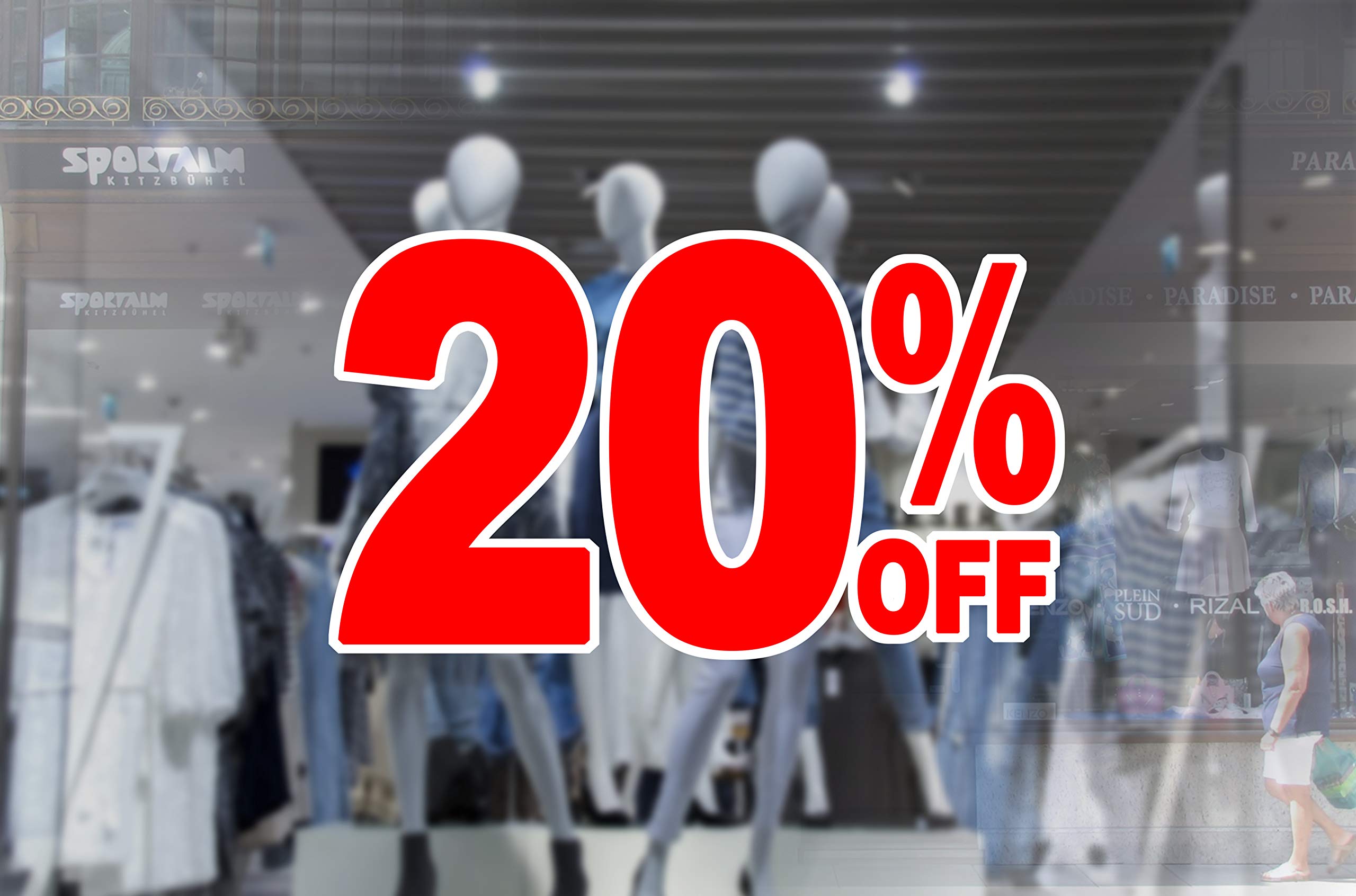 2 x Wall Window Display Sale Sticker - 20 Percent Off - red Print on White Cut Out - self Adhesive Weather Proof Vinyl Sticker Label - Size - 450mm x 280mm