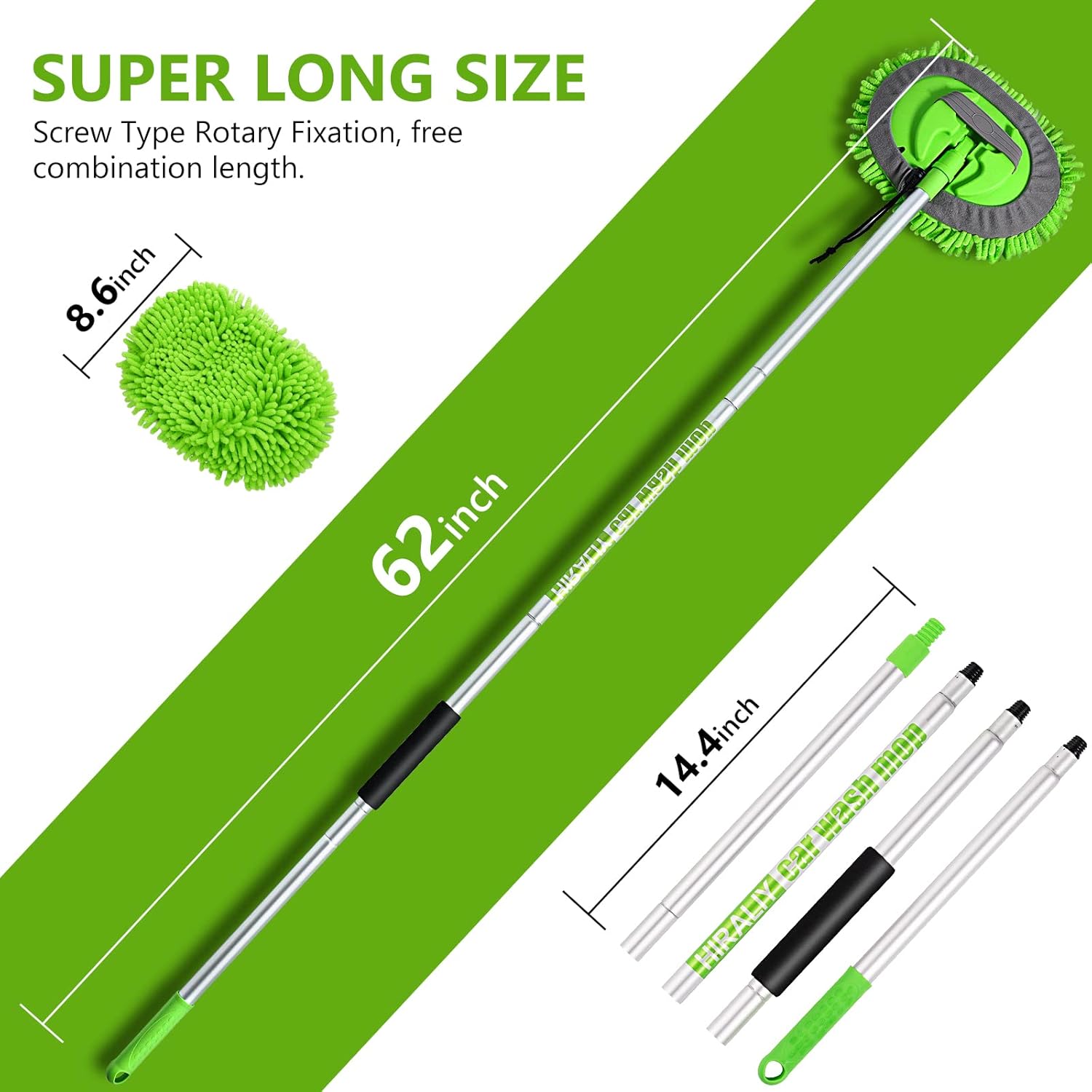HIRALIY 2 in 1 Car Wash Brush, 62" Car Wash Mop with Long Handle, Chenille Microfiber Car Washing Mitt, Extension Pole Flexible Rotation Scratch Free, to Clean Trucks, RVs, Pickups, and Buses (Green) : Automotive