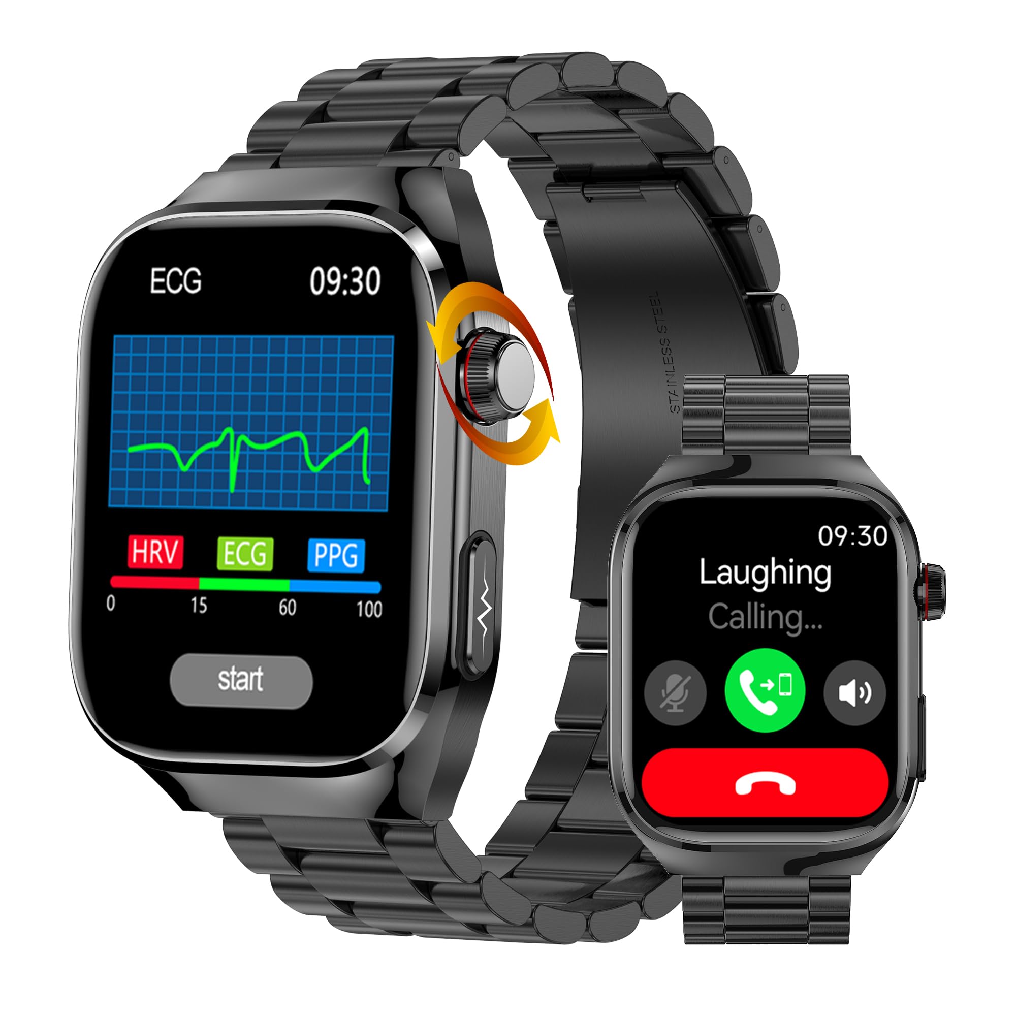 Reloj Inteligente ECG y Marcación/Contestar Llamadas, 2,04" Smartwatch Impermeable con Presión Arterial, SpO2, Frecuencia Cardíaca para Android iOS (Metal Negro) | Monitor de actividad impermeable con presión arterial PPG, reloj deportivo con SOS para And