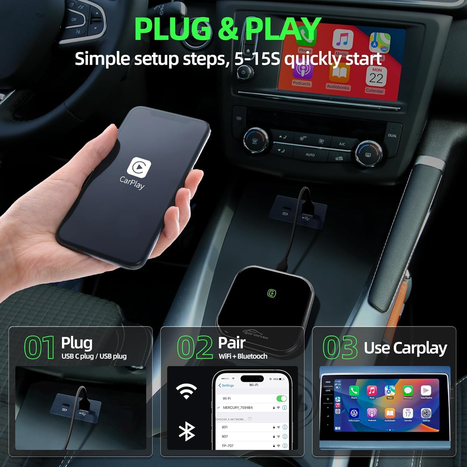 Wireless CarPlay Adapter for Apple CarPlay, 2X Connect Bluetooth Carplay Adapter, Upgrade Wired CarPlay to Wireless, Low Latency CarPlay Dongle for Factory Wired Carplay Vehicle