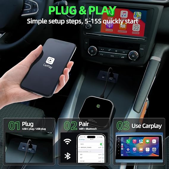 Wireless CarPlay Adapter for Apple CarPlay, 2X Connect Bluetooth Carplay Adapter, Upgrade Wired CarPlay to Wireless, Low Latency CarPlay Dongle for Factory Wired Carplay Vehicle