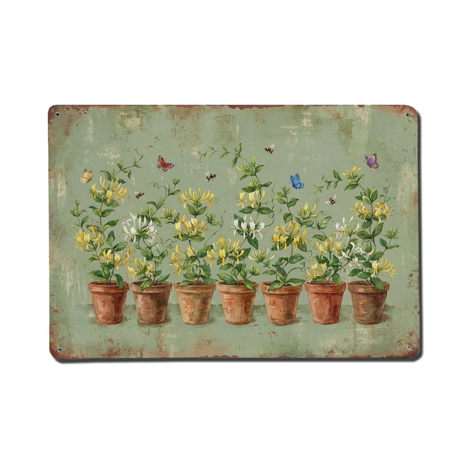 Vintage Rustic Flower Potted Plants Honeysuckle Metal Tin Sign