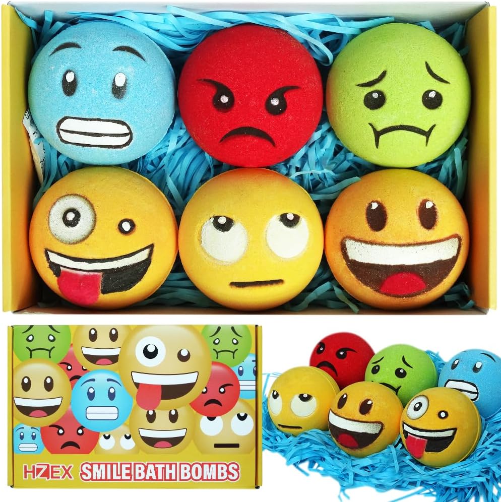HZEX Large Emotion Face Bath Bombs Set of 6 – Fun Emoji-Inspired Spa Fizzies – Handmade with Shea Butter, Cocoa Butter & Essential Oils – Moisturizing Gift Set for Women, Men & Kids