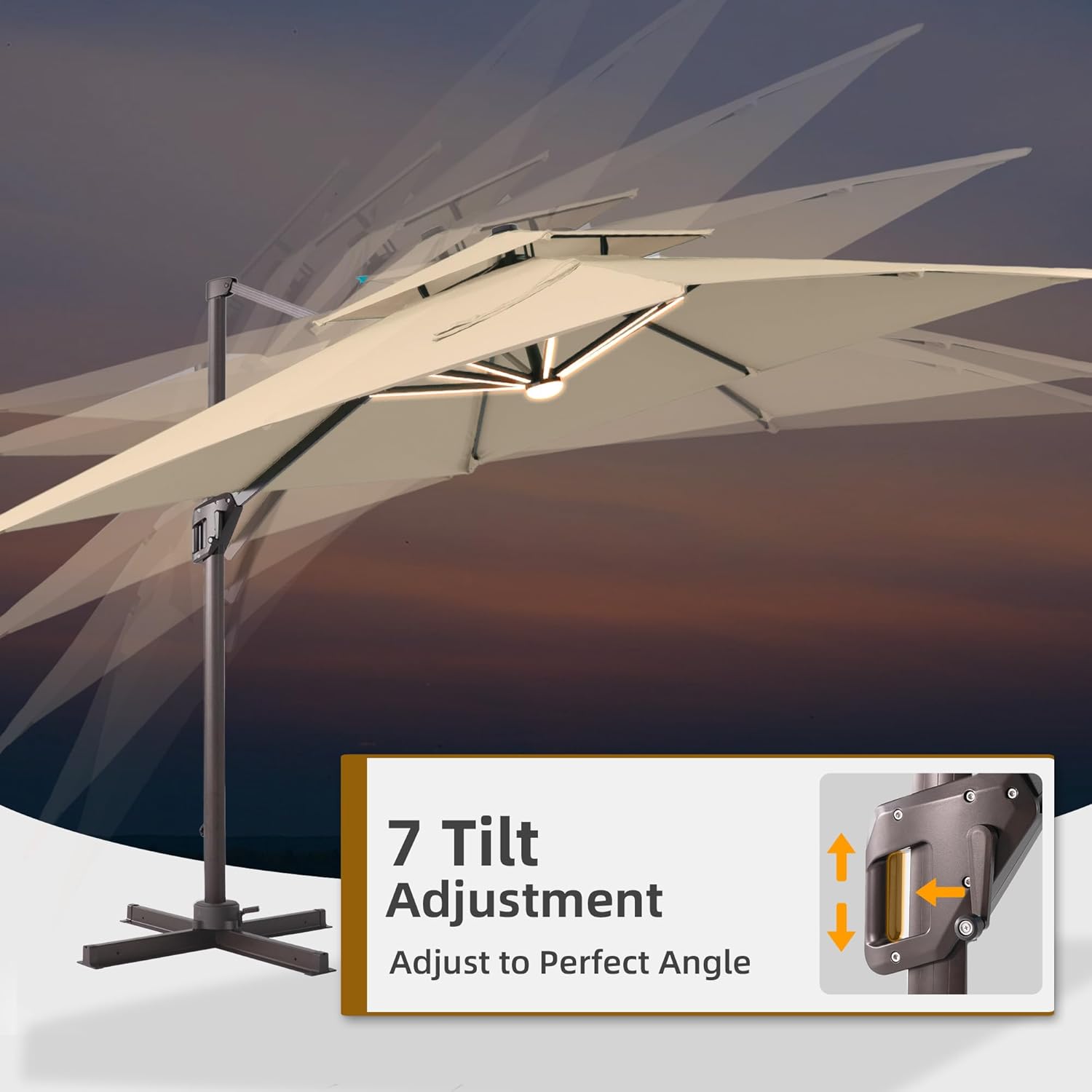 9x12 FT Patio Umbrella with LED Lights Cantilever Outdoor Large Heavy Duty Rectangle Aluminum Offset Umbrellas Double Top 360 Rotation 7 Tilt Adjustment for Pool Deck Garden, Beige
