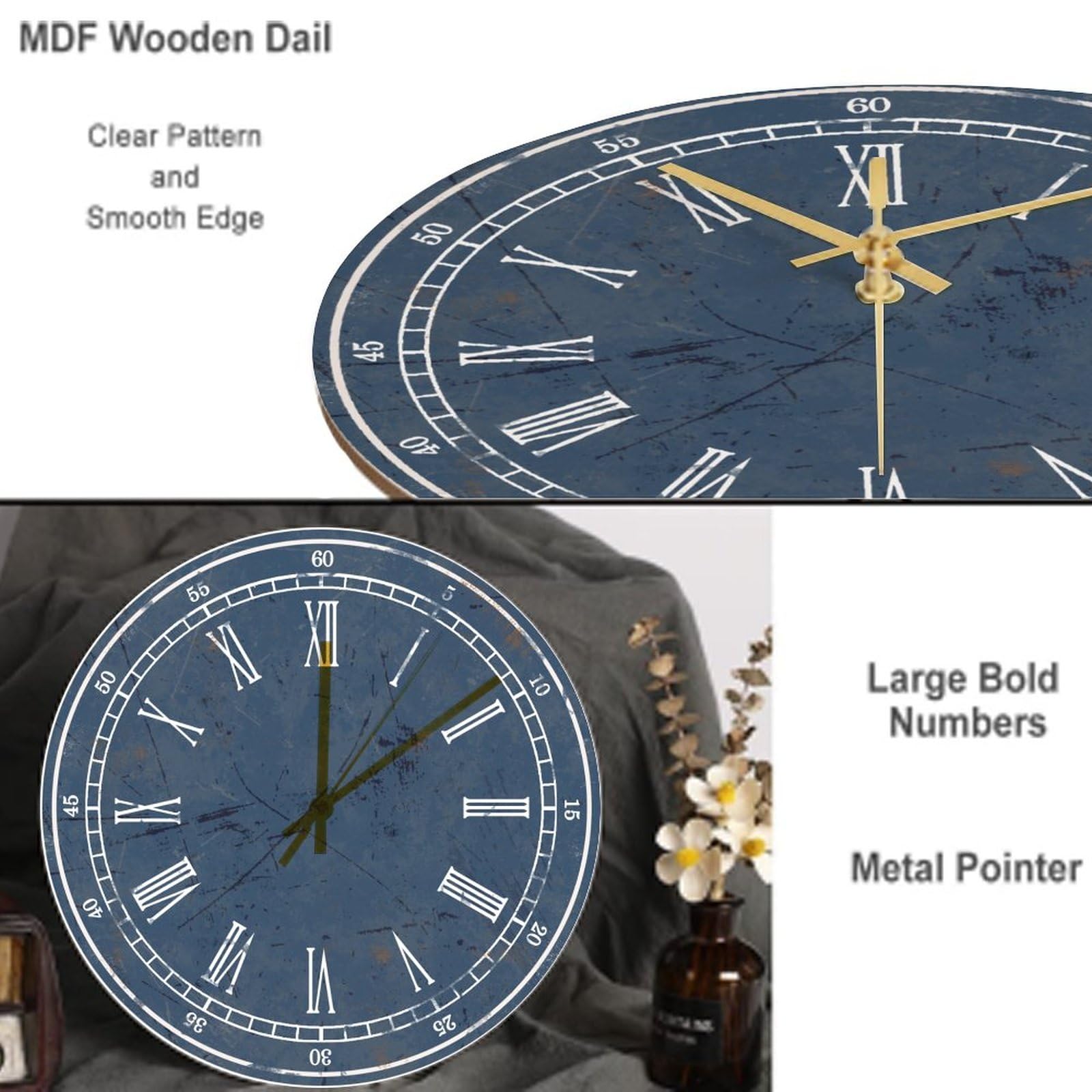 CHAMBRE Wall Clock ナチュラルウッド/ネイビー Amazon.com: Navy Blue Wall Clock Navy Blue Clocks for Bedroom