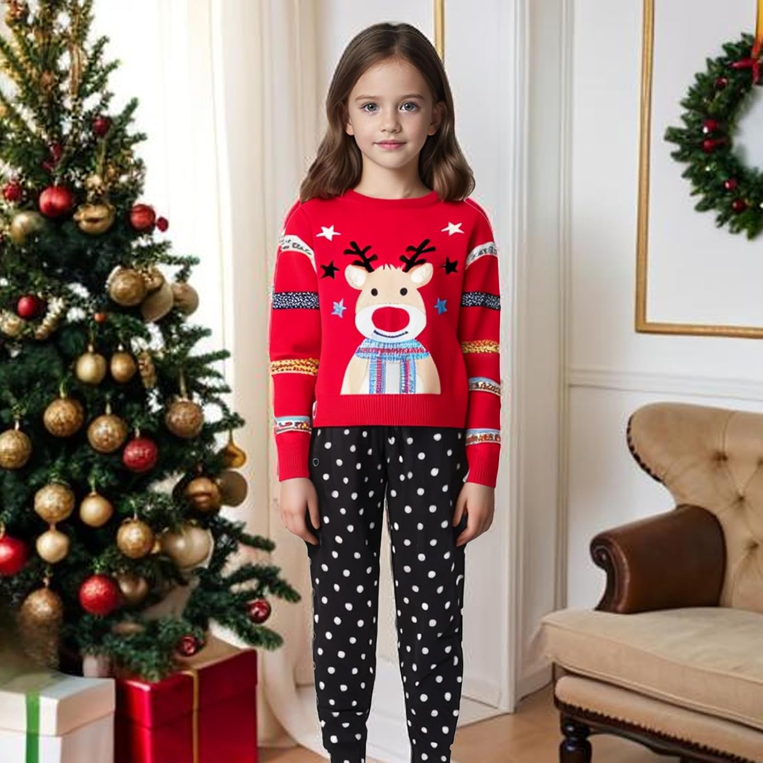 Xumplo Toddler Girls Boys Ugly Christmas Sweater Kids Reindeer Pullover Unisex Child Xmas Red Top Clothing 3-7Y