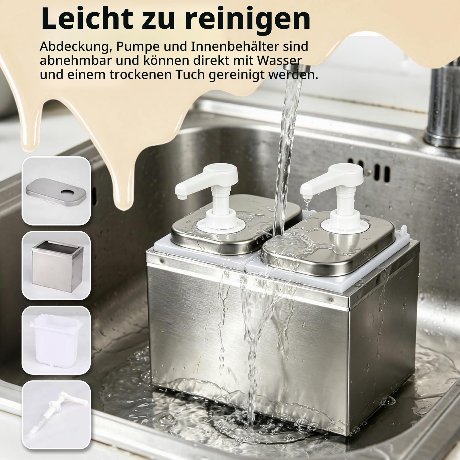4L Saucenspender Pumpstation, 4 x 2 L Soßenspender Pumpe | Stainless Steel Sauce Dispenser Pump Sauce für Ketchup, Mayo, Senf, Dosierpumpe für Küche Restaurant - 4 Pumps