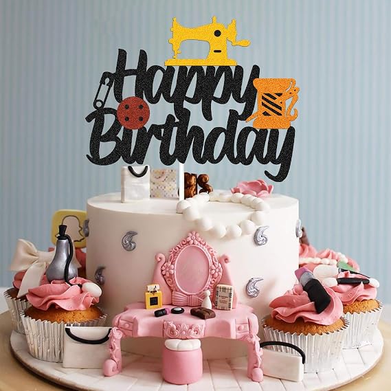 Sewing Machine Cake Topper Happy Birthday Sign Cake Decorations for Seamstress Tailor Themed Women Mother Birthday Party Supplies Black Glitter Decor