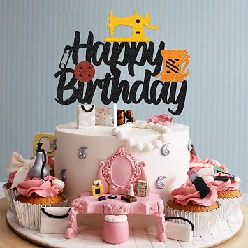 Sewing Machine Cake Topper Happy Birthday Sign Cake Decorations for Seamstress Tailor Themed Women Mother Birthday Party Supplies Black Glitter Decor