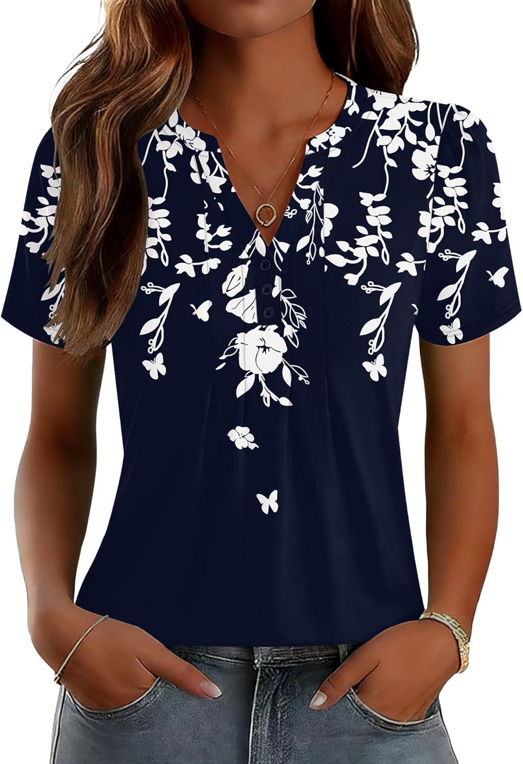 LOMON Womens Tops Dressy Casual V Neck Short Sleeve Shirts Summer Pleated Blouses Button Down Tunic Loose Fit - Image 2