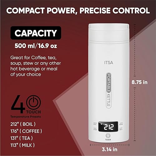 Miniatura 6 de ITSA Hervidor eléctrico de viaje de 16.9 fl oz, portátil, de acero inoxidable, con control de temperatura y apagado automático, mini hervidor