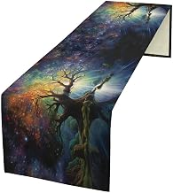 Forest Colorful Tree Table Runner, Tree of Life Children's Day Colorful Stars Bright Retro Plants Dreamy Art, Wedding Party Kitchen Table Runner .13x120in