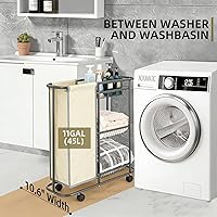 Vista 2 de Cesta de lavandería con 3 cestas de almacenamiento y bolsa de 45 L, carrito de lavandería resistente con ruedas y asa, ahorro de espacio