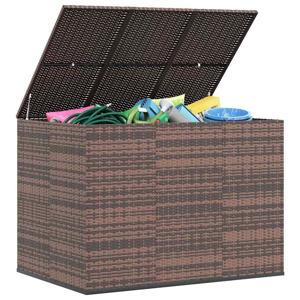 Coffre à coussins de jardin en rotin synthétique - Marron - 145 x 100 x 103 cm - Avec vérin à gaz - Résistant aux intempéries - Pour balcon, terrasse, extérieur, espace de rangement et