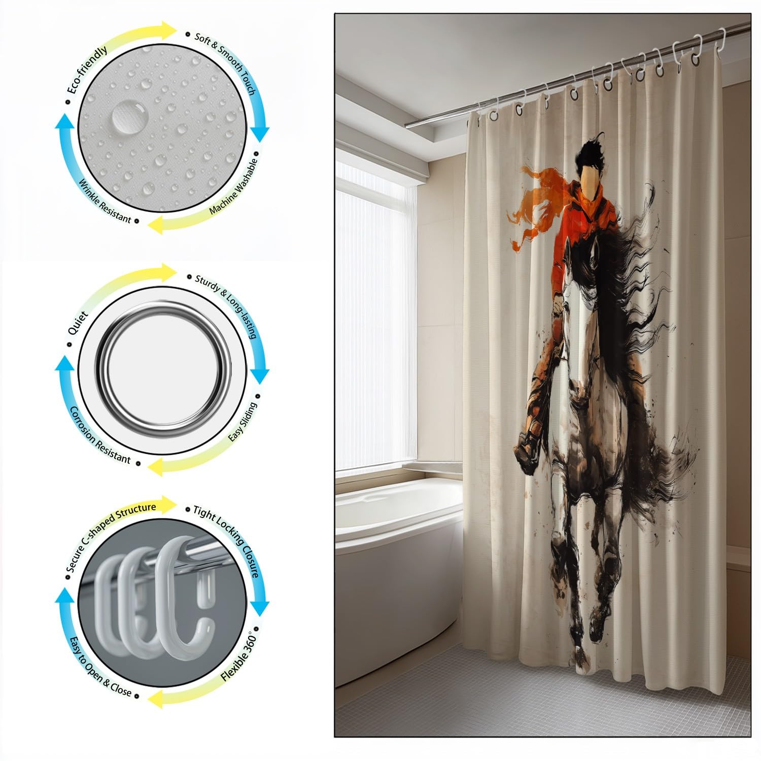 Generico Tenda da doccia Fantasia Cavallo Cowboy, Beige tenda da doccia Vintage per il bagno, tessuto in poliestere impermeabile con ganci 180 x 200 cm Per La Vasca Da Bagno Casa E Hotel Caravan