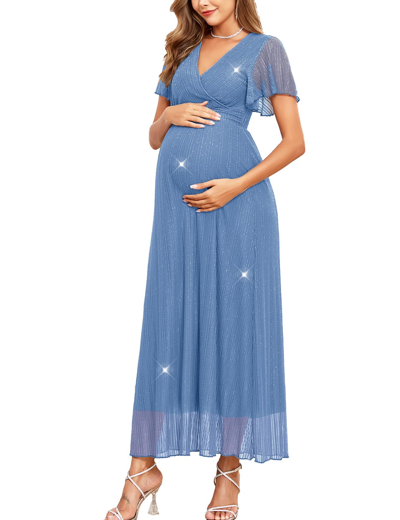 Photo 1 of AISWI Maternity Sparkly Mesh Maxi Dress Ruffle Sleeve Wrap V Neck Flowy Pregnancy Dresses Baby Shower Photoshoot Formal, Blue, XX-Large