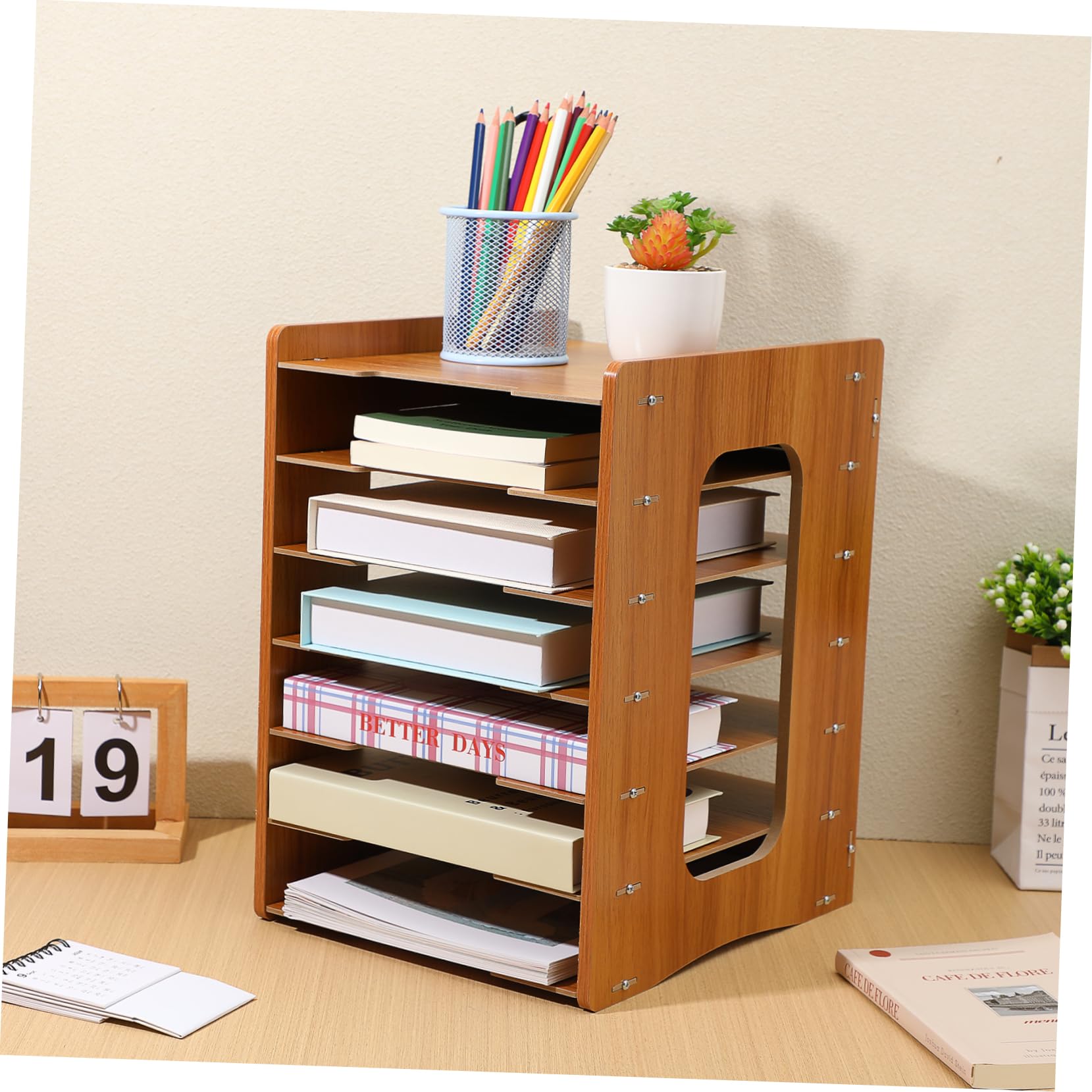 Angoily Organizer Scrivania in Ciliegio Strati Portadocumenti Impilabile per Ufficio e Casa Portaoggetti Multifunzionale per Libri Cancelleria e File Design Compatto e Stabile per Tavolo