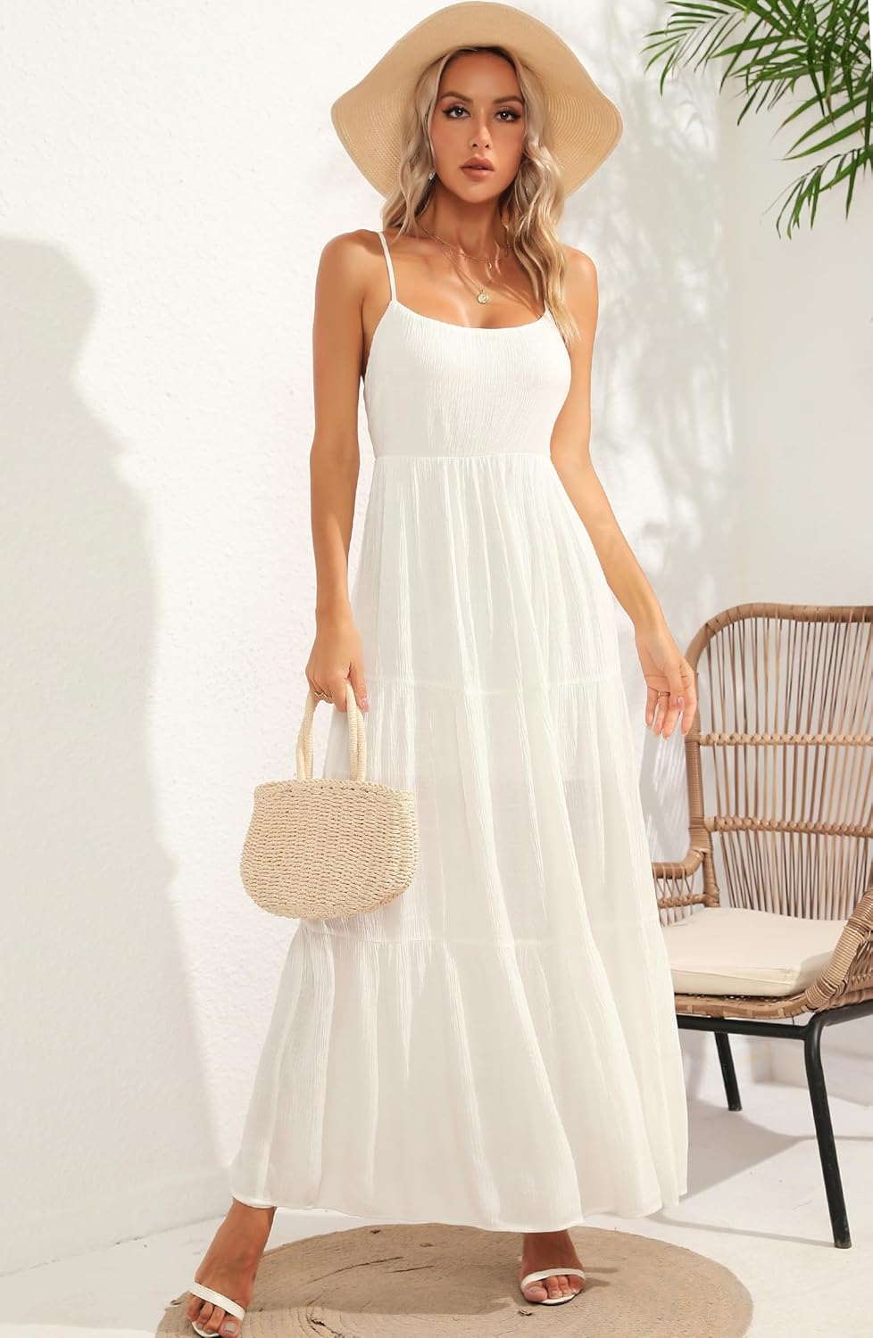 ALENDA DANMOS Women's Spaghetti Straps Maxi Dress Flowy Pleated Swing Beach Long Dress Low Backless Sundress 189