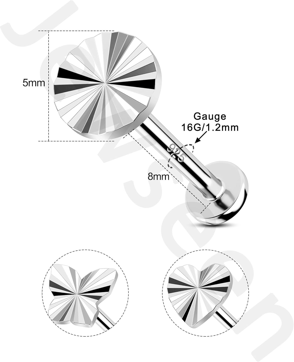 Jewseen Convex Concave Design Flat Back Stud Earring 925 Sterling Silver 16g 8mm Fine Piercing Jewelry for Cartilage Tragus Lobe - Image 5