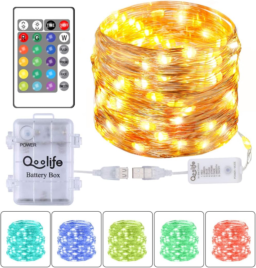 Copper Wire String Christmas Lights, Qoolife 16.5ft 50-LED with 4 Combined Copper Wires Decorative Lights Battery Powered Multi Color String Lights for Christmas Decorations Indoor and Outdoor