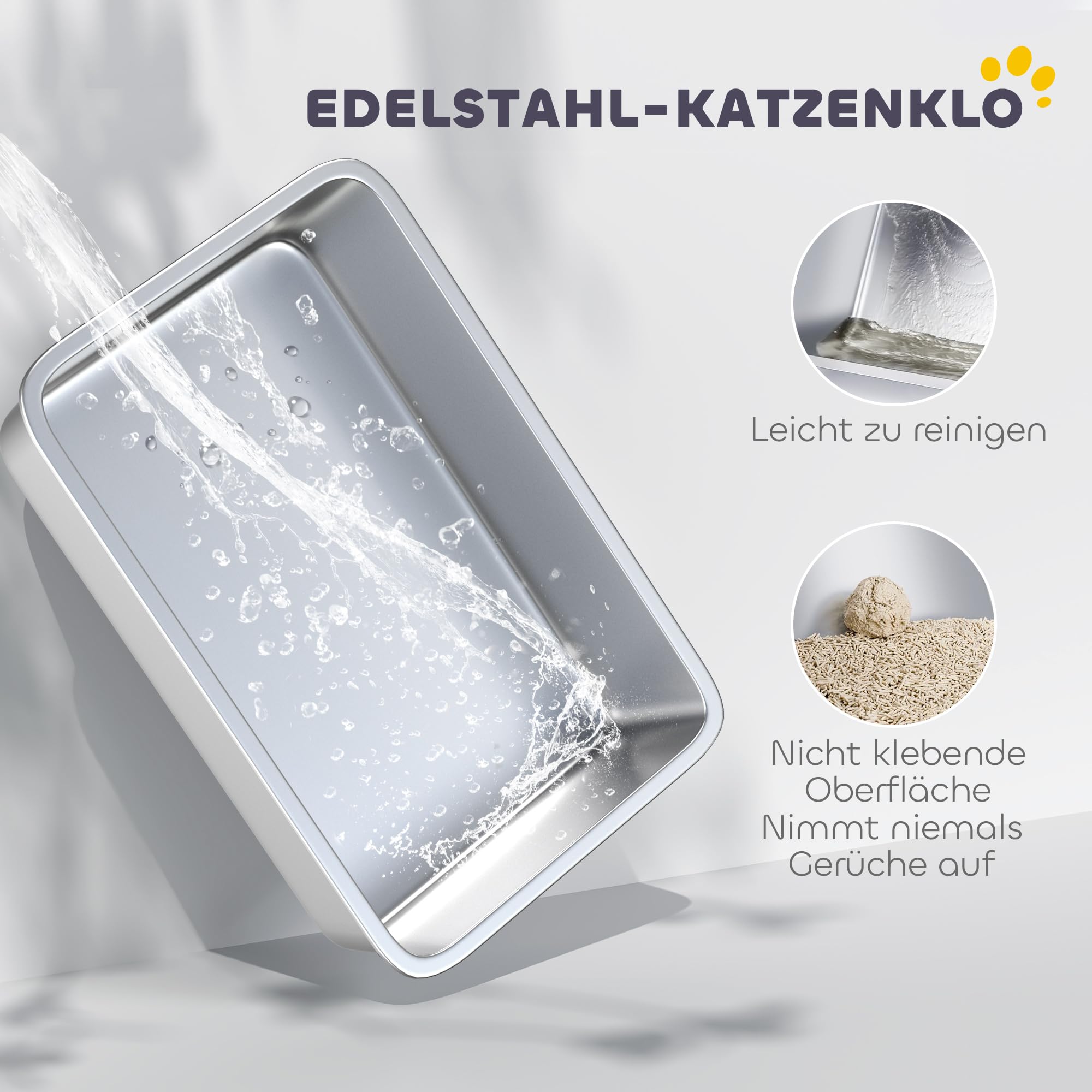PawHut Katzentoilette XXL für Große Katzen 60,2 x 40,2 x 29,5 cm, Grau | Edelstahl, Offene Katzenklo Ohne Deckel, Mit Schaufel, Hohem Rand, Matte, Cat Litter Box, Bis 7 kg
