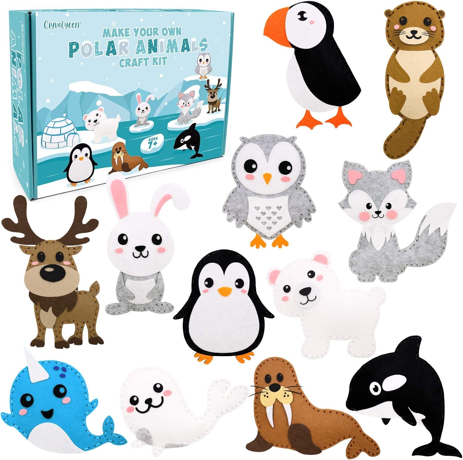 KASTWAVE Polar Animals Sewing Kit for Kids Make Your Own Winter Polar Animals Felt Plush Craft Kit Includes 14 Creative Projects to Sewing Beginners Fun DIY Educational Gift for Boys and Girls