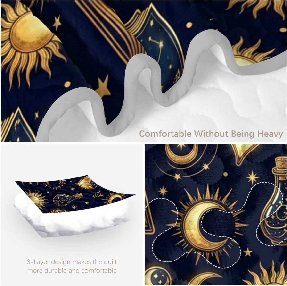 BEDMUST Fantasy Celestial Quilt Set with Gold Moon Sun Potion and Constellation Book Pattern, Navy Microfiber Lightweight Bedspread for Teen Girls and Dorm Room Decor, Full/Queen
