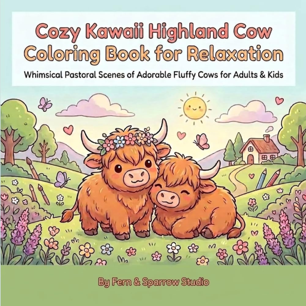 Cozy Kawaii Highland Cow Coloring Book for Relaxation: Whimsical, Cute, and Simple Fluffy Cow Designs for Adults & Kids