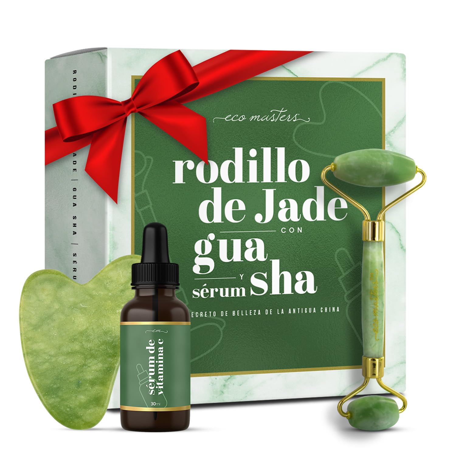 Gua Sha Facial y Rodillo de Jade Auténtico + Sérum Facial de Vitamina C | Kit Masaje Facial Completo Para Rutina de Belleza, Efecto Revitalizante, Antiarrugas y Lifting Para una Piel más Joven