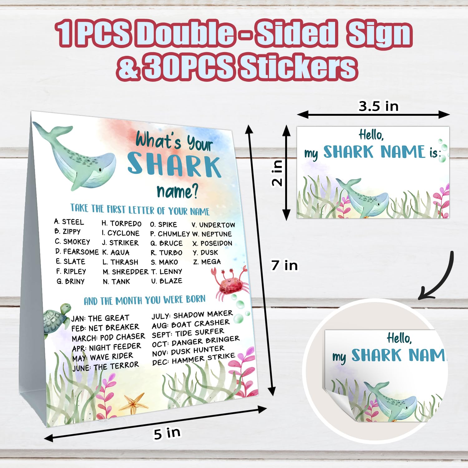 Cidobi What's Your Shark Name Game Set, 1 Shark Name Game Double Sided Sign, 30 Shark Name Stickers, Perfect for Friend Classroom Birthday Party Activities, Plays for 30 People