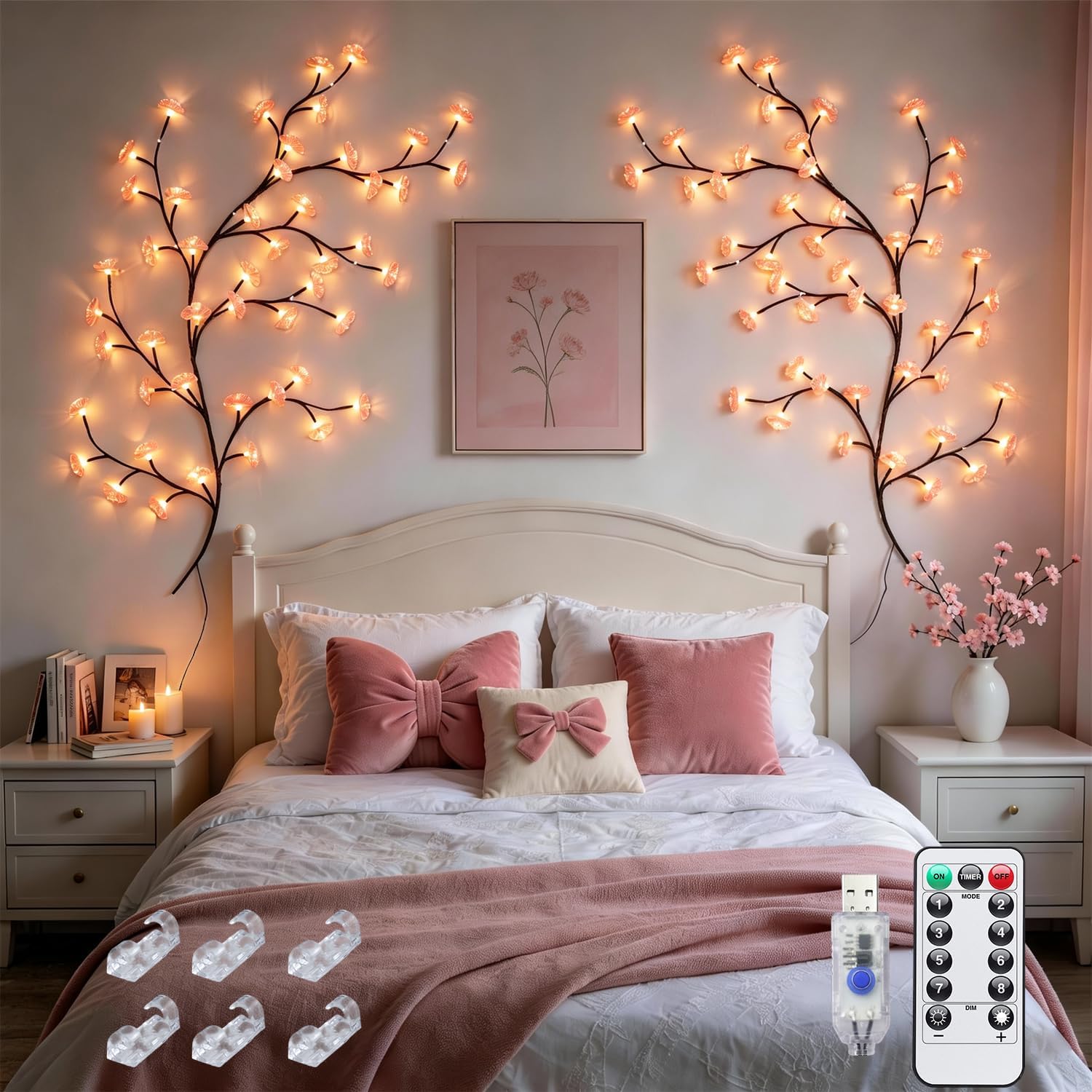 JMEXSUSS 48LED Cherry Blossom Lights Wall Decor, 4Ft Vines for Bedroom USB | Sakura Hanging Lights for Bedroom Decor,Willow Vines with Lights for Girl Room Wedding Party Pink Room Decor, Hooks Included