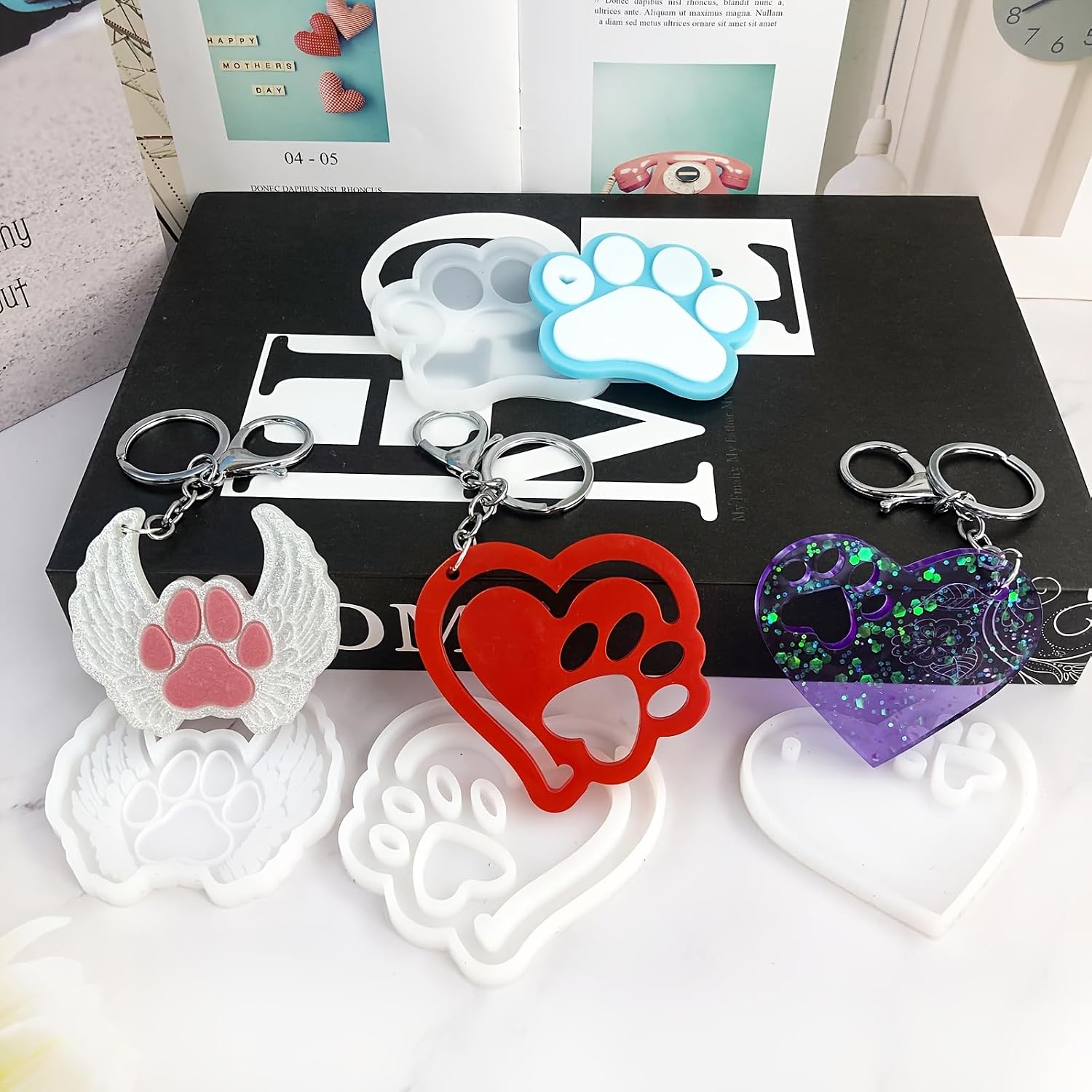 Pet Paw Keychain Resin Molds, 4-Piece Set with Heart and Angel Wing Designs, Silicone Molds for DIY Keychains, Epoxy Resin Silicone Molds